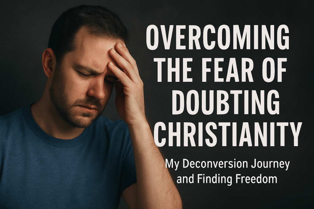 Man in deep thought with hand on forehead, symbolizing the fear and struggle of doubting Christianity, with overlay text “Overcoming the Fear of Doubting Christianity – My Deconversion Journey and Finding Freedom.”