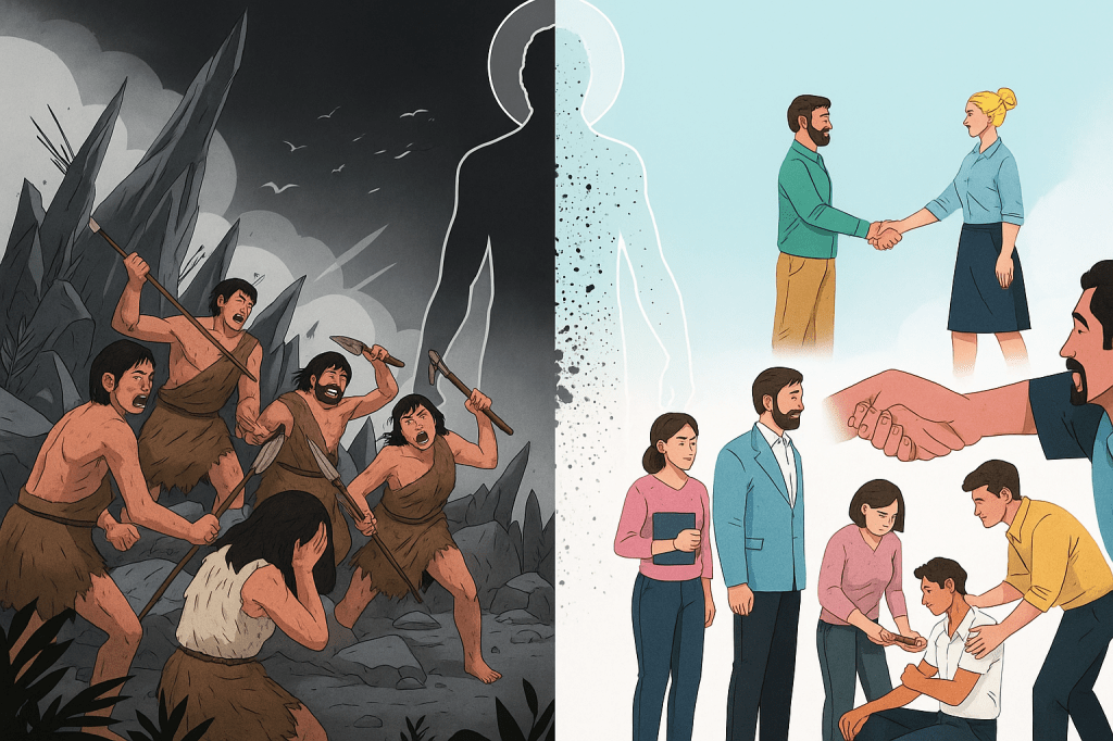 “Illustration contrasting primitive humans engaged in violence and mistreatment of women on the left, with modern humans showing cooperation, equality, and justice on the right.”