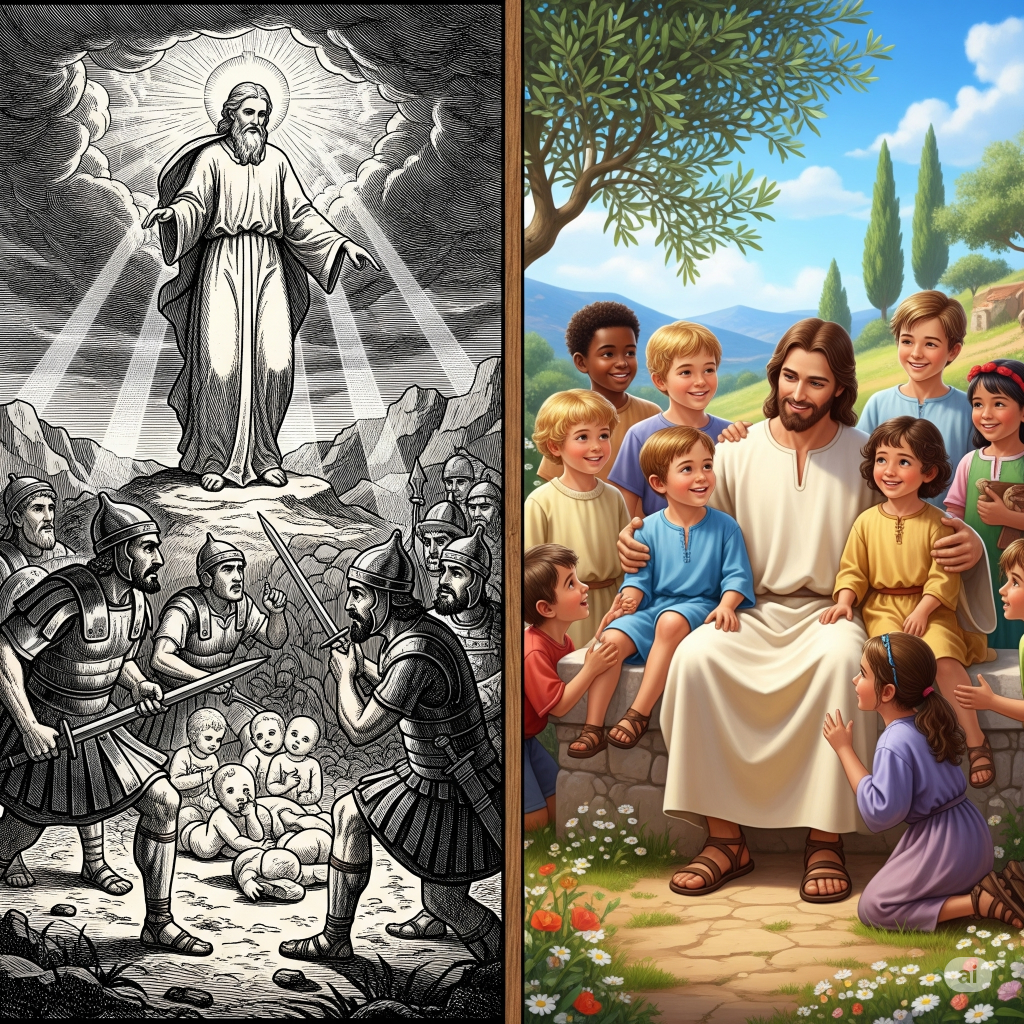 Depiction of Old Testament divine judgment and chaos

Jesus surrounded by joyful children showing compassion