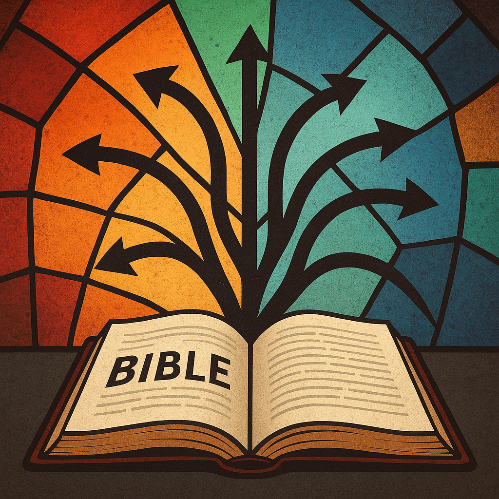 An open Bible with many paths branching in different directions, symbolizing confusion and division among Christian denominations despite claims of Holy Spirit guidance.