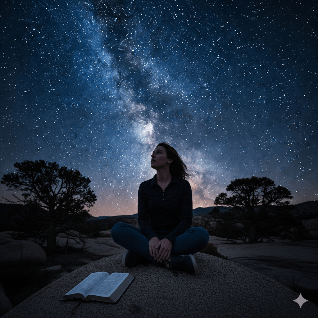 Person sitting under a night sky with an open Bible, symbolizing waiting for God’s voice but hearing only silence.