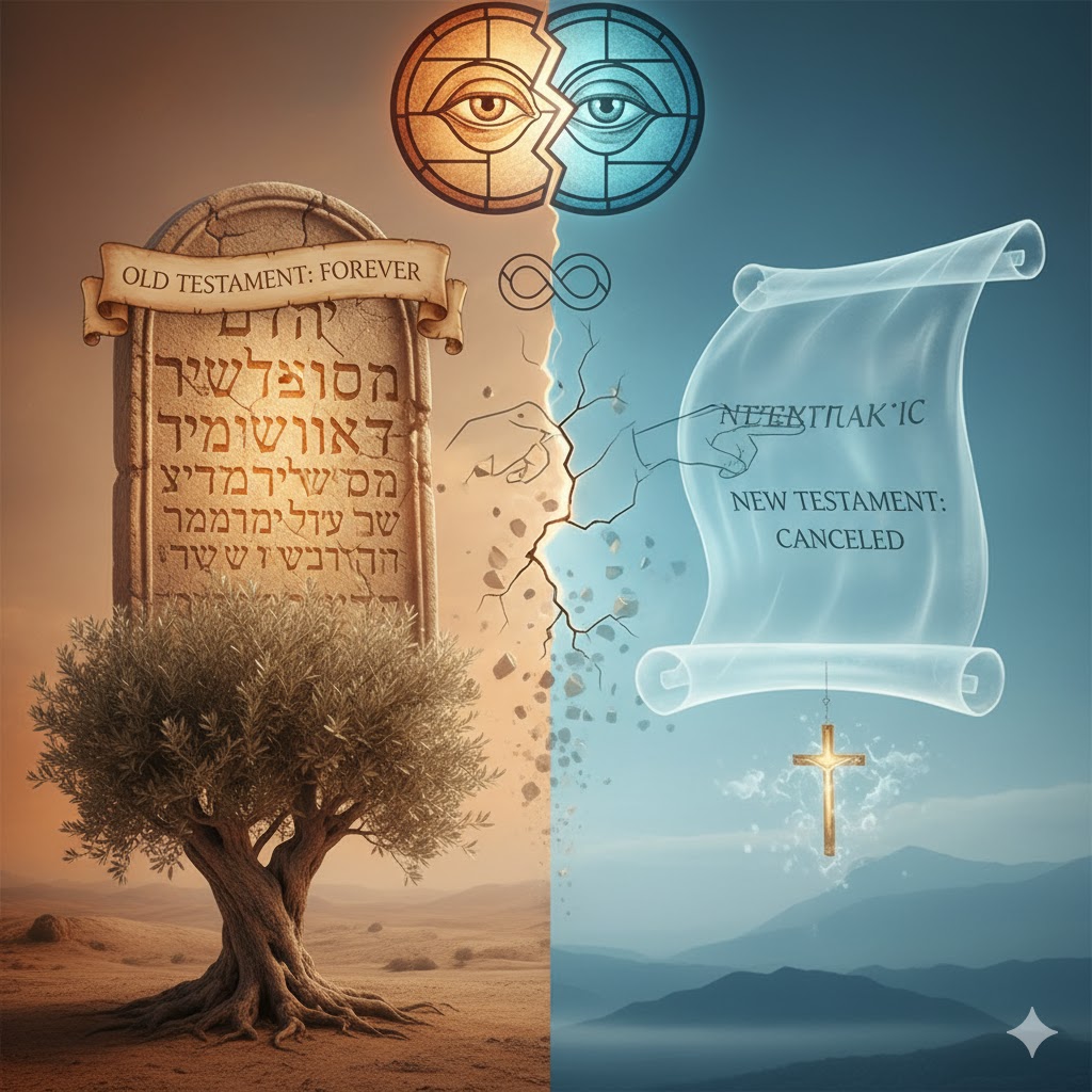 Image showing the theological conflict between Old Testament laws being 'forever' and New Testament's 'cancellation' of them, with symbols of stone tablets, scrolls, and a cross
