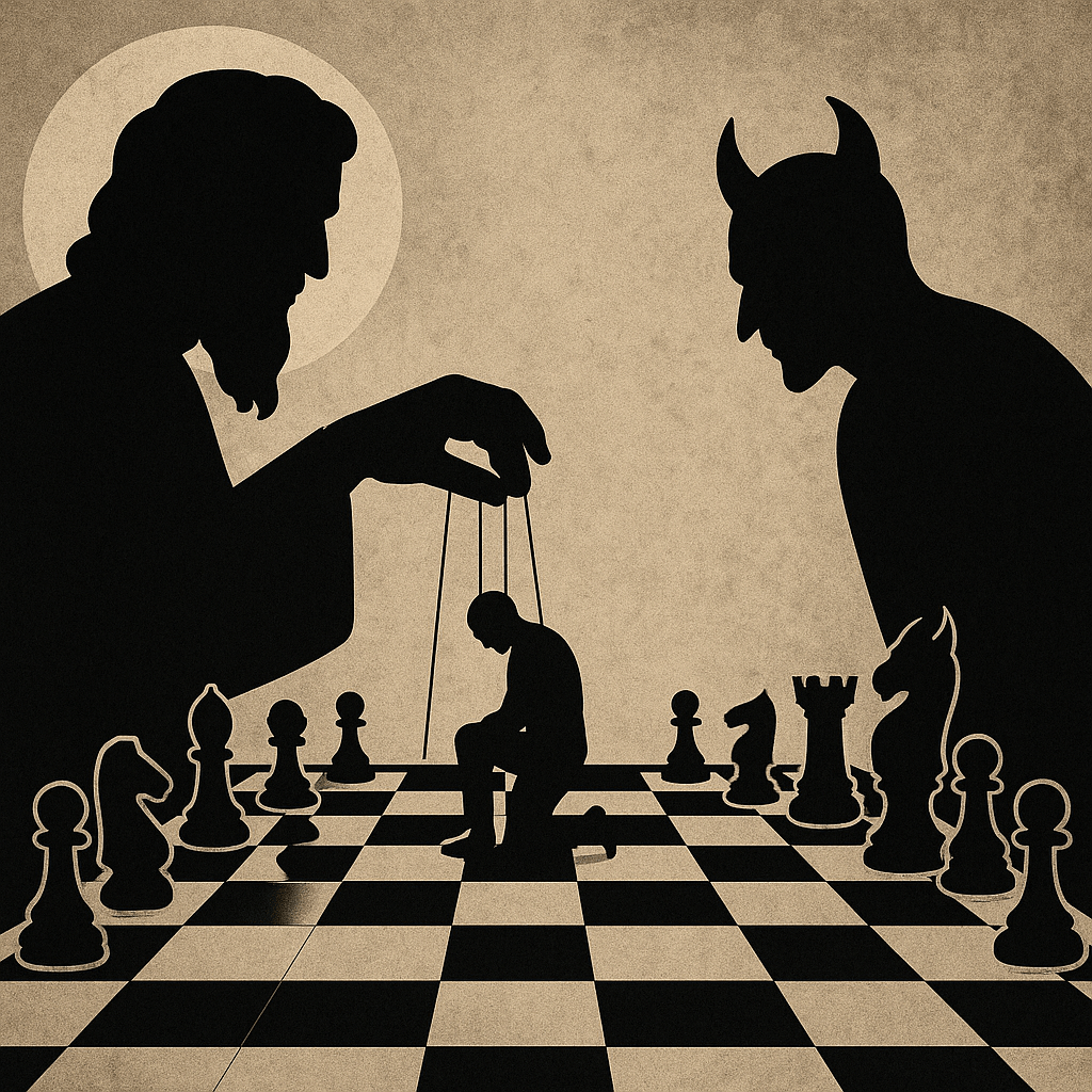 An artistic depiction of God and Satan playing chess with human lives as pieces