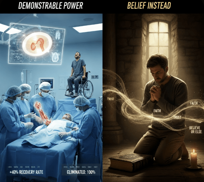 A split image contrasting "Demonstrable Power" versus "Belief Instead." The left side shows a modern operating room with surgeons and glowing visualizations of healing (like a severed limb regrowing and a man in a wheelchair standing up), suggesting measurable, repeatable miracles. The right side shows a man kneeling in prayer in a dimly lit, ancient stone room, surrounded by swirling words like "Faith," "Trust," and "Believe or Else," emphasizing the requirement for faith over evidence.