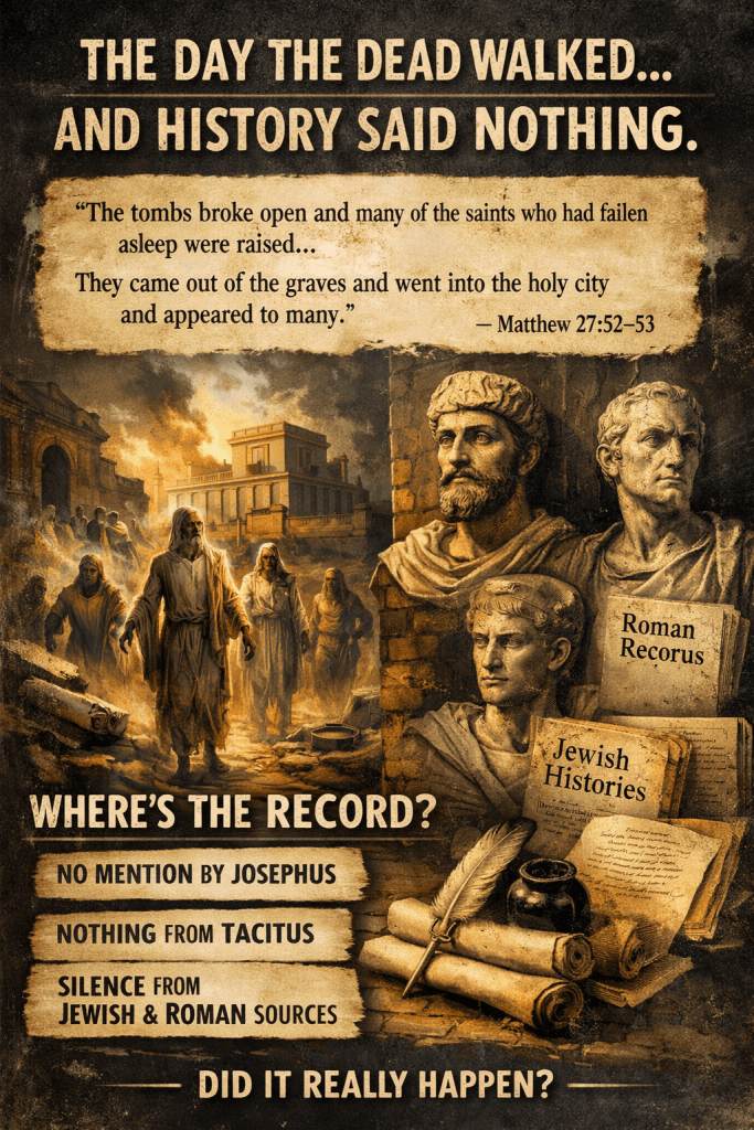 Illustration depicting resurrected saints walking through ancient Jerusalem while historians like Josephus and Tacitus remain silent, highlighting the question of missing historical records for Matthew 27:52–53.