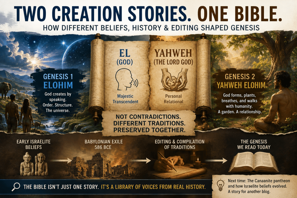 Two creation stories in Genesis comparing Elohim (Genesis 1) and Yahweh Elohim (Genesis 2), illustrating how different ancient Israelite traditions were preserved together in the Bible and shaped by history.