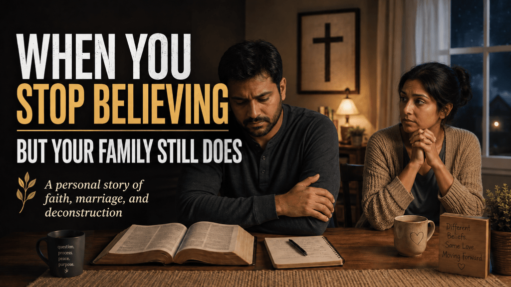 Christian couple facing different beliefs after one spouse loses faith, illustrating Christian deconstruction, marriage, family relationships, and learning to stay connected despite religious differences.